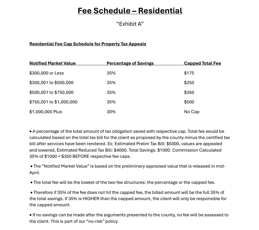 A document titled 'Fee Schedule -- Residential' displaying a table of notification market values, percentage of savings, and capped total fees for property tax appeals, along with some explanatory notes below.