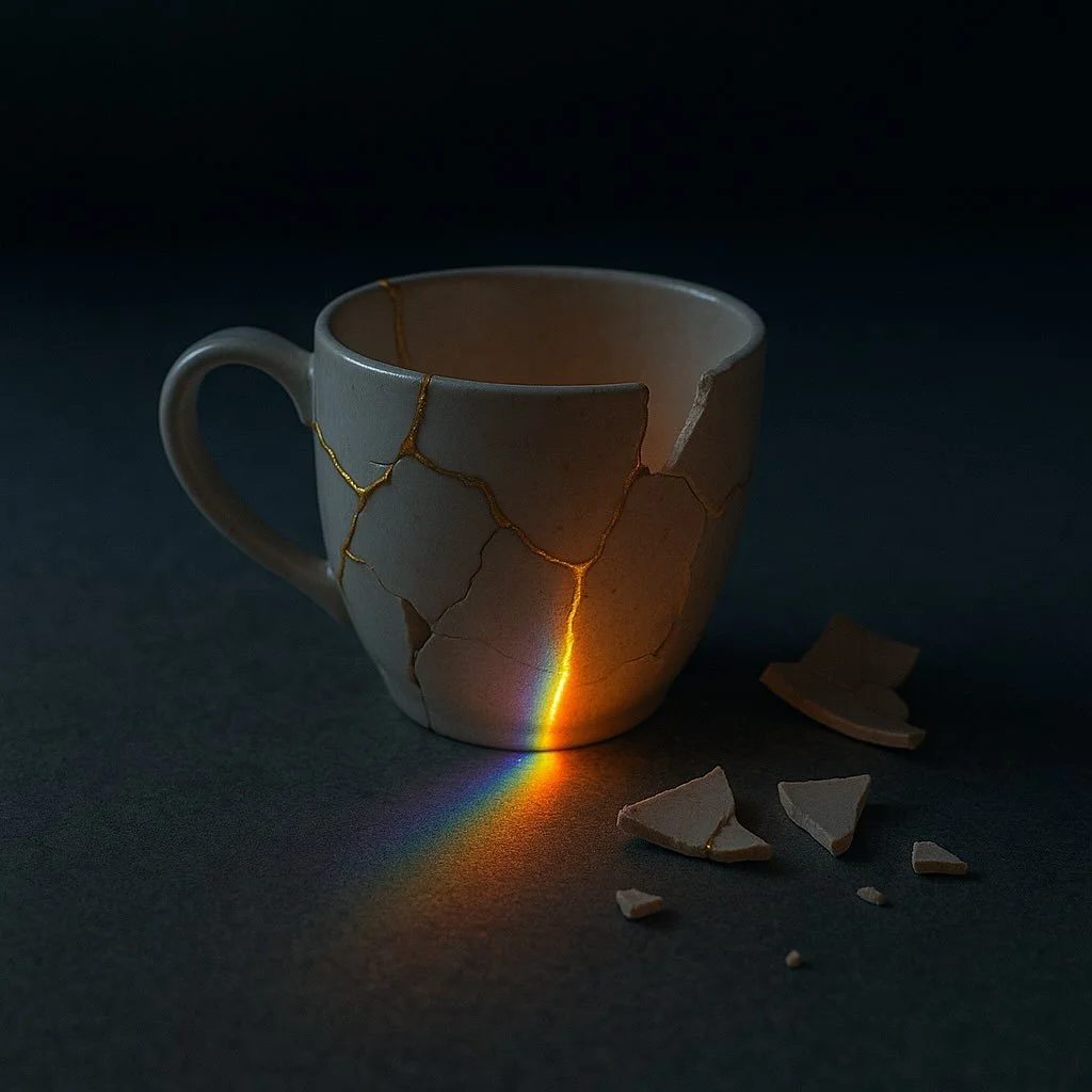 Fractured and reforged, her unbreakable spirit endures.
She holds herself, her inner light shining through the golden seams. #resilience #artheals #kintsugi #conceptualart