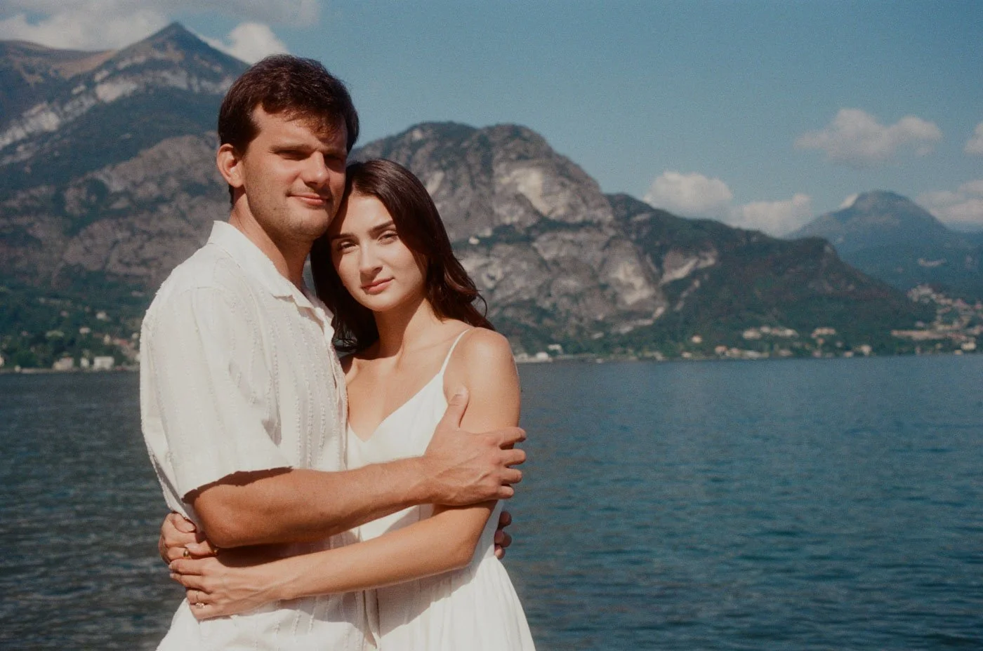 Engagement picture of a couple in Bellagio taken with vintage analog film