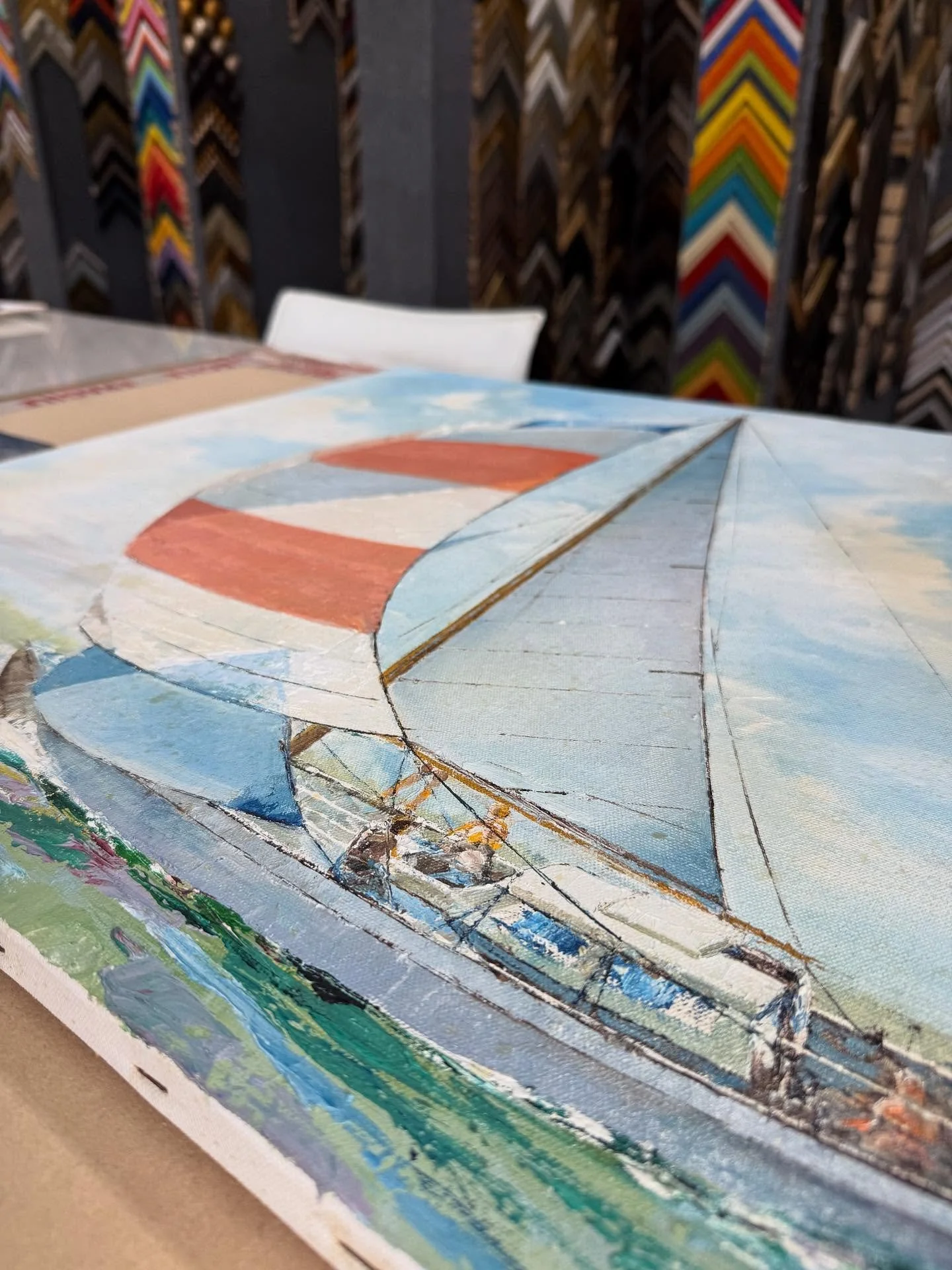 Framing has begun on our client&rsquo;s gorgeous artwork for our Delray project! Can&rsquo;t wait to see it all completed! #customframing #nothingbetterthancustom #art #beachart #delrayprojects #delrayraybeach #beachvibes #dmdteam #dimackdesigns