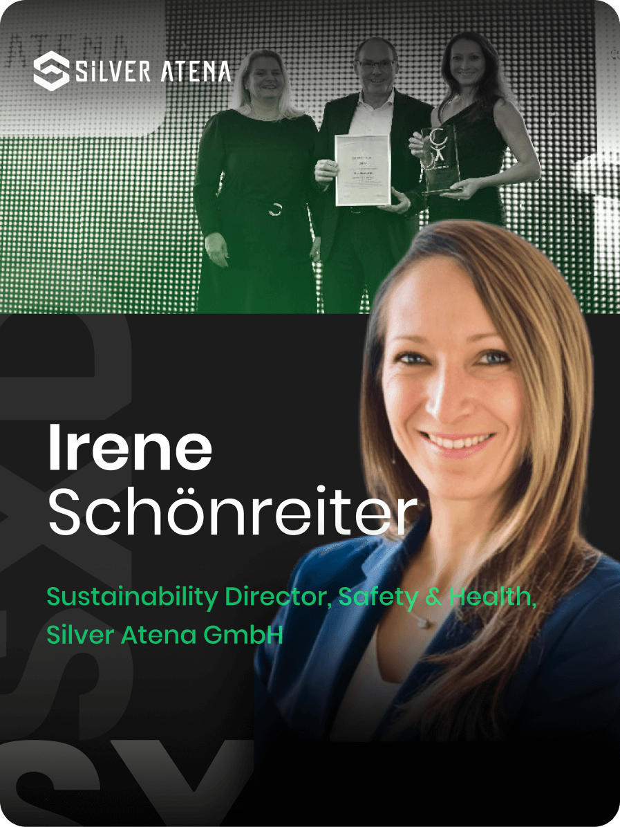Promotional image featuring Irene Schönreiter, Sustainability Director, Safety & Health at Silver Atena GmbH. Includes a photograph of her and a group holding awards with the Silver Atena logo in the background.