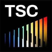 Logo with letters TSC and colorful piano keys on black background