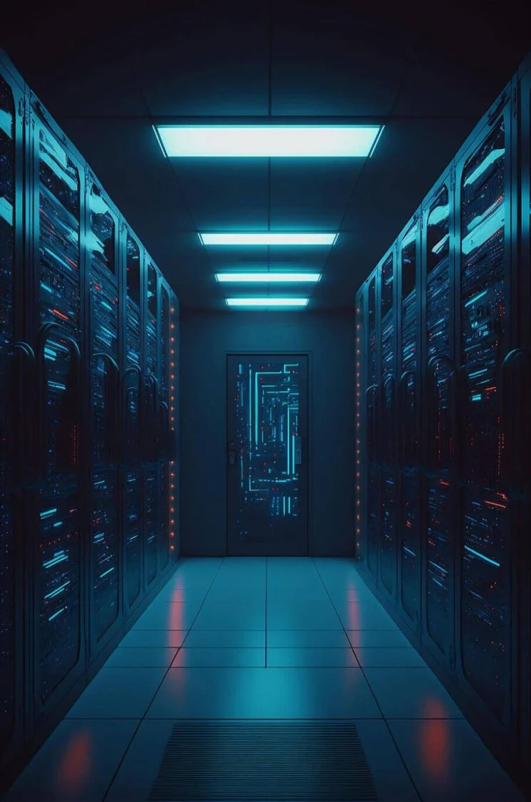 A futuristic data center hallway with servers on both sides illuminated by blue and red LED lights.