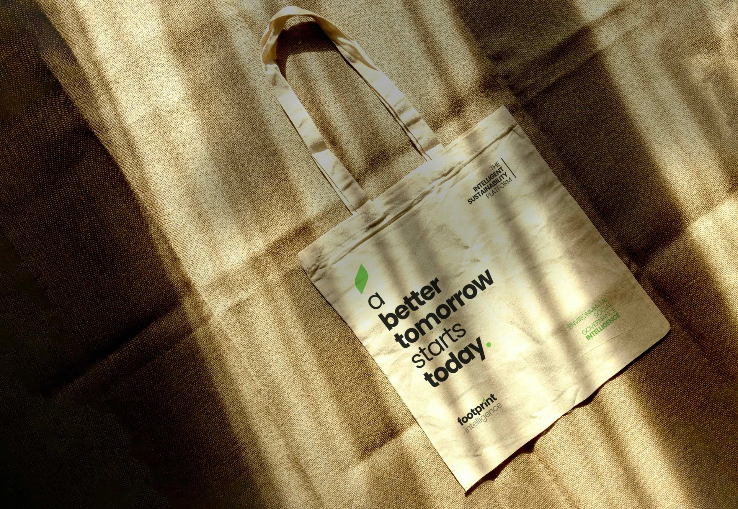 Tote bag with "A better tomorrow starts today" and environmental message on brown fabric.