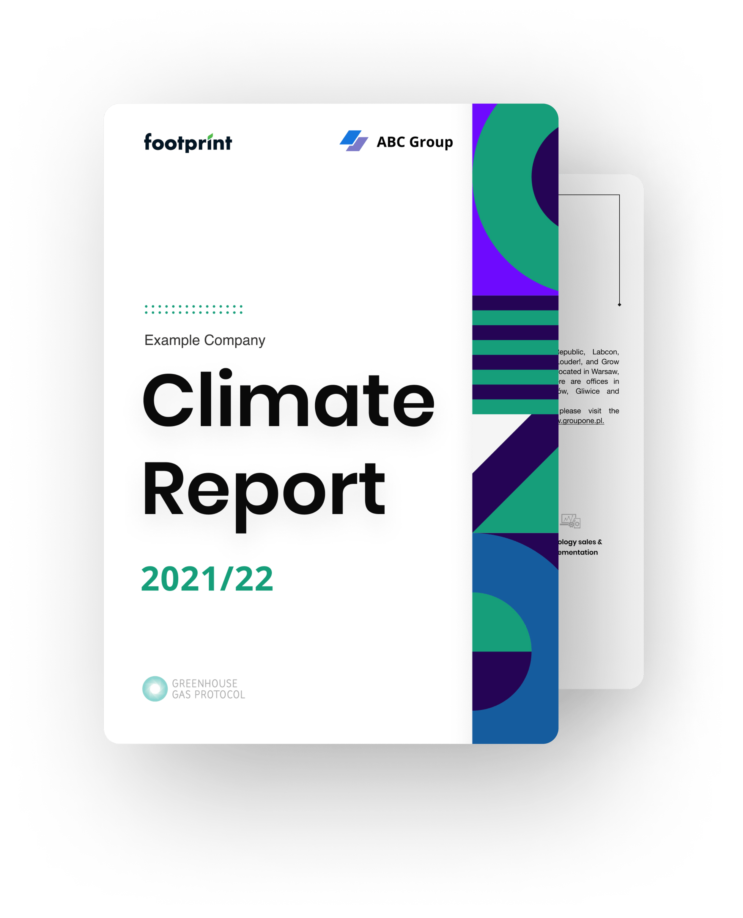 Climate Report 2021/22 cover with abstract design, logos for Footprint and ABC Group, and Greenhouse Gas Protocol label.