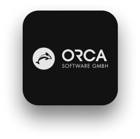 ORCA Software GmbH logo with a dolphin icon on a dark background.