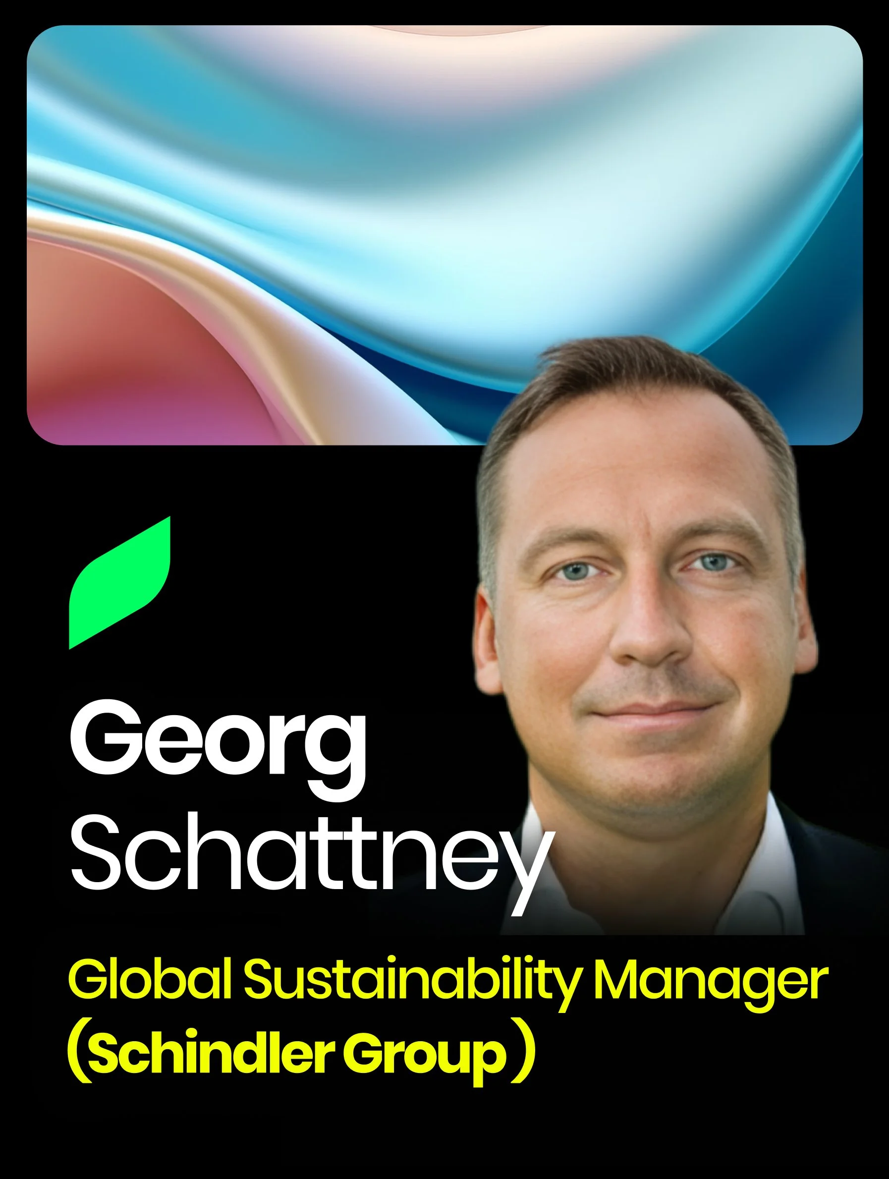 A professional profile for Doris Wagner, Director of Public Policy & ESG at Messe München, featuring her portrait and a woman holding a green box labeled 'Nachhaltigkeit' in a modern hallway.