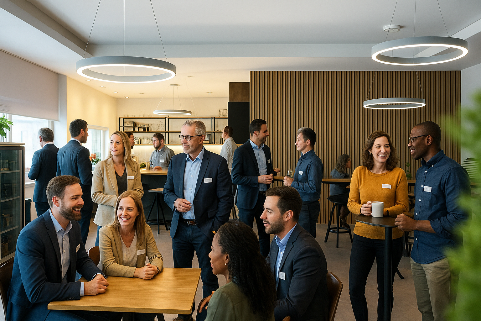 Group of business professionals networking in a modern office setting, engaged in conversation, wearing name tags, and drinking coffee.