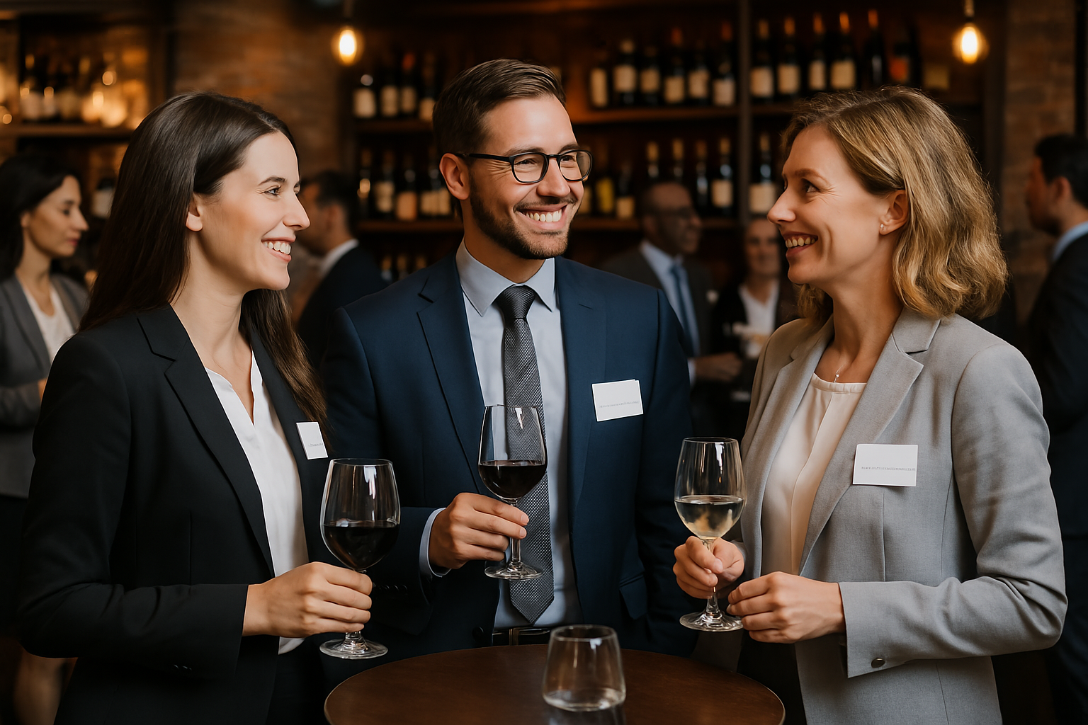 Three professionals at a networking event, smiling and holding wine glasses.