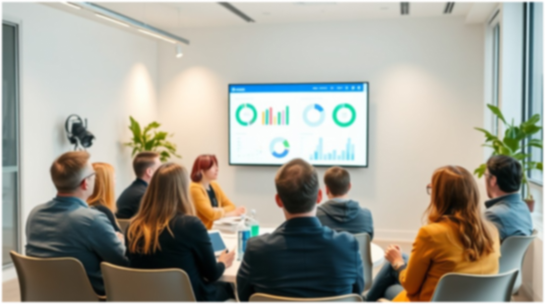 A group of people having a meeting in a conference room, looking at a screen displaying various charts and graphs.