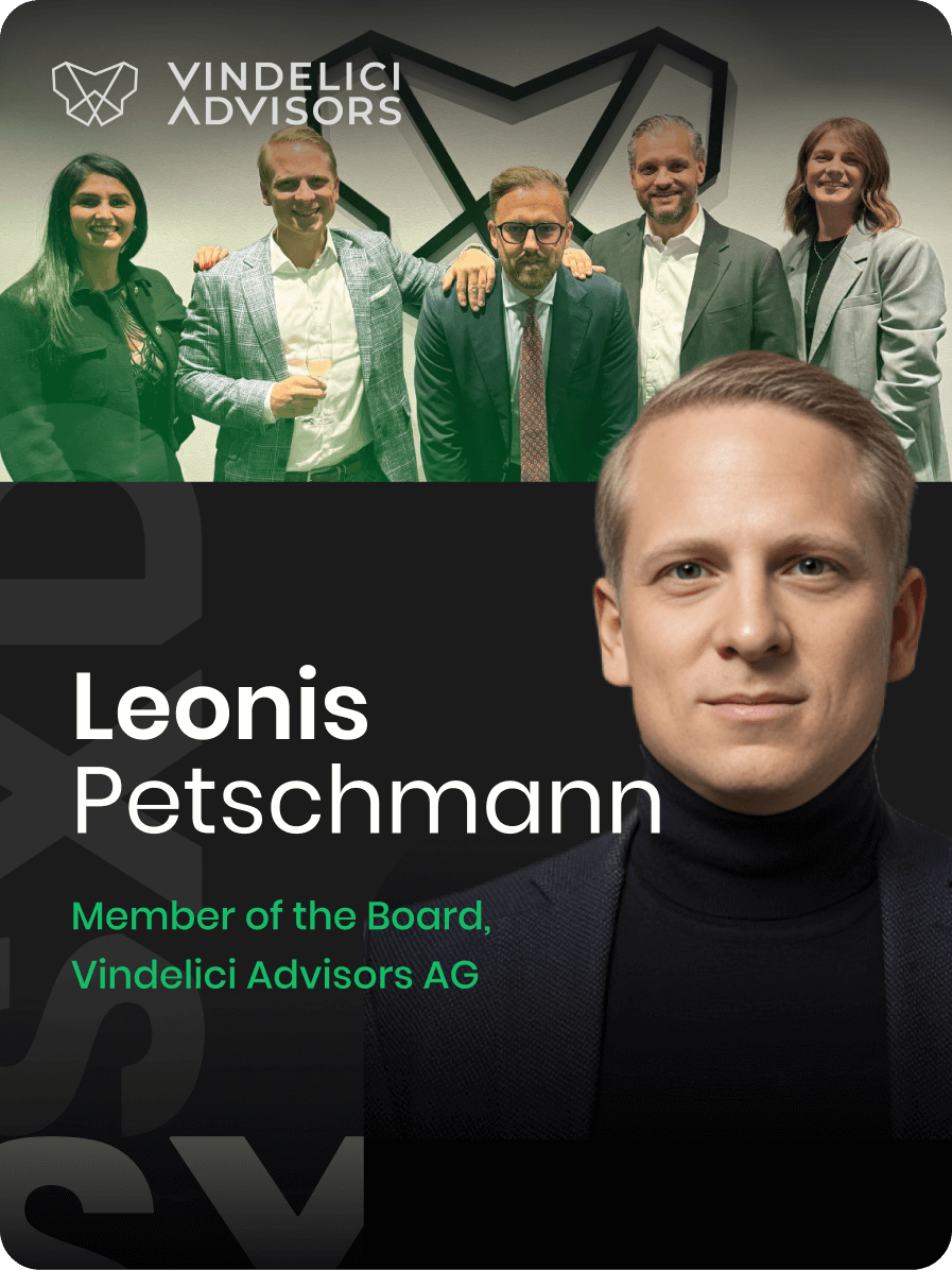 Group photo of five people, three men and two women, in business attire standing in front of a Vindelici Advisors logo. A separate image shows a man identified as Leonis Petschmann, a board member of Vindelici Advisors AG, with text overlay.