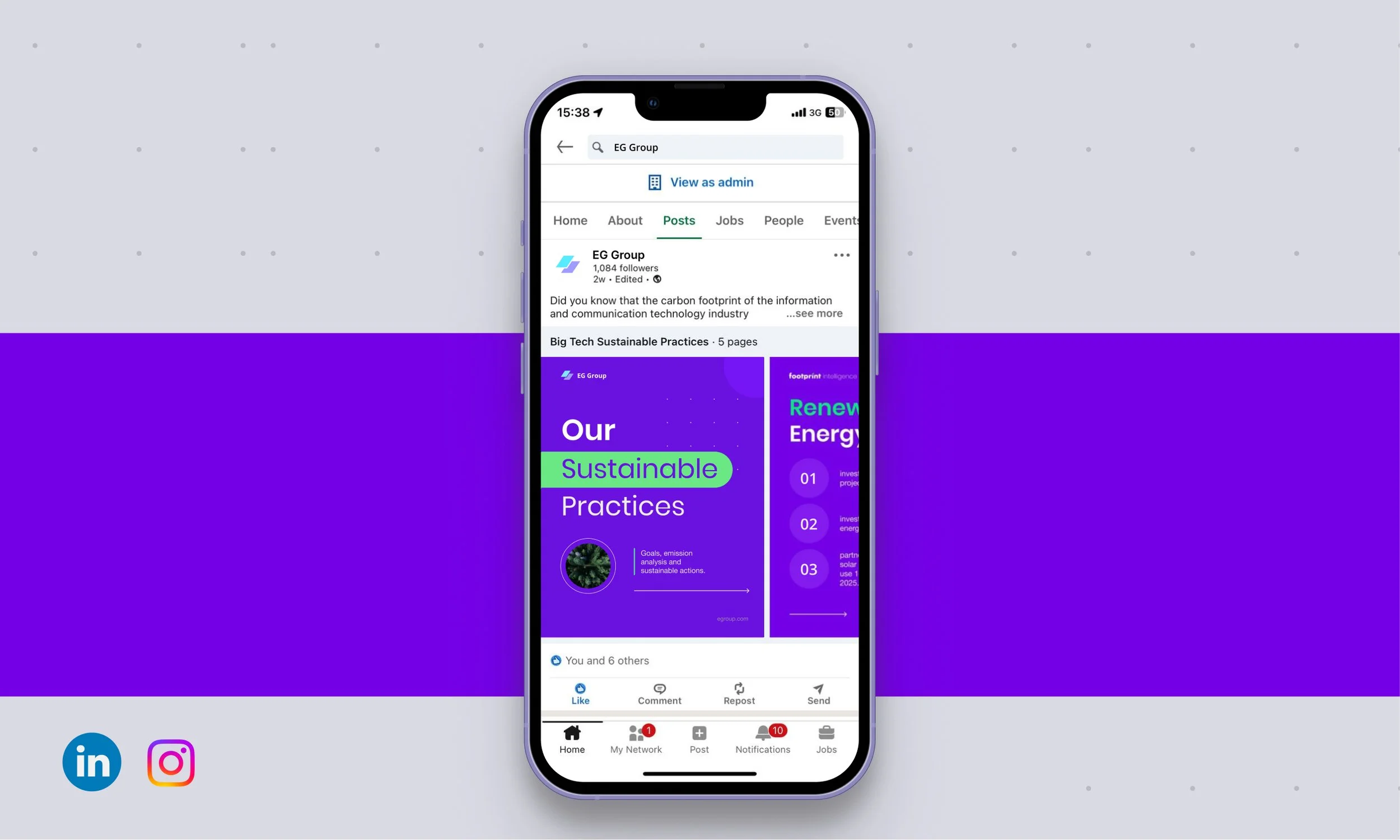 Smartphone displaying LinkedIn post about sustainable practices from EG Group, featuring text and visuals on renewable energy.