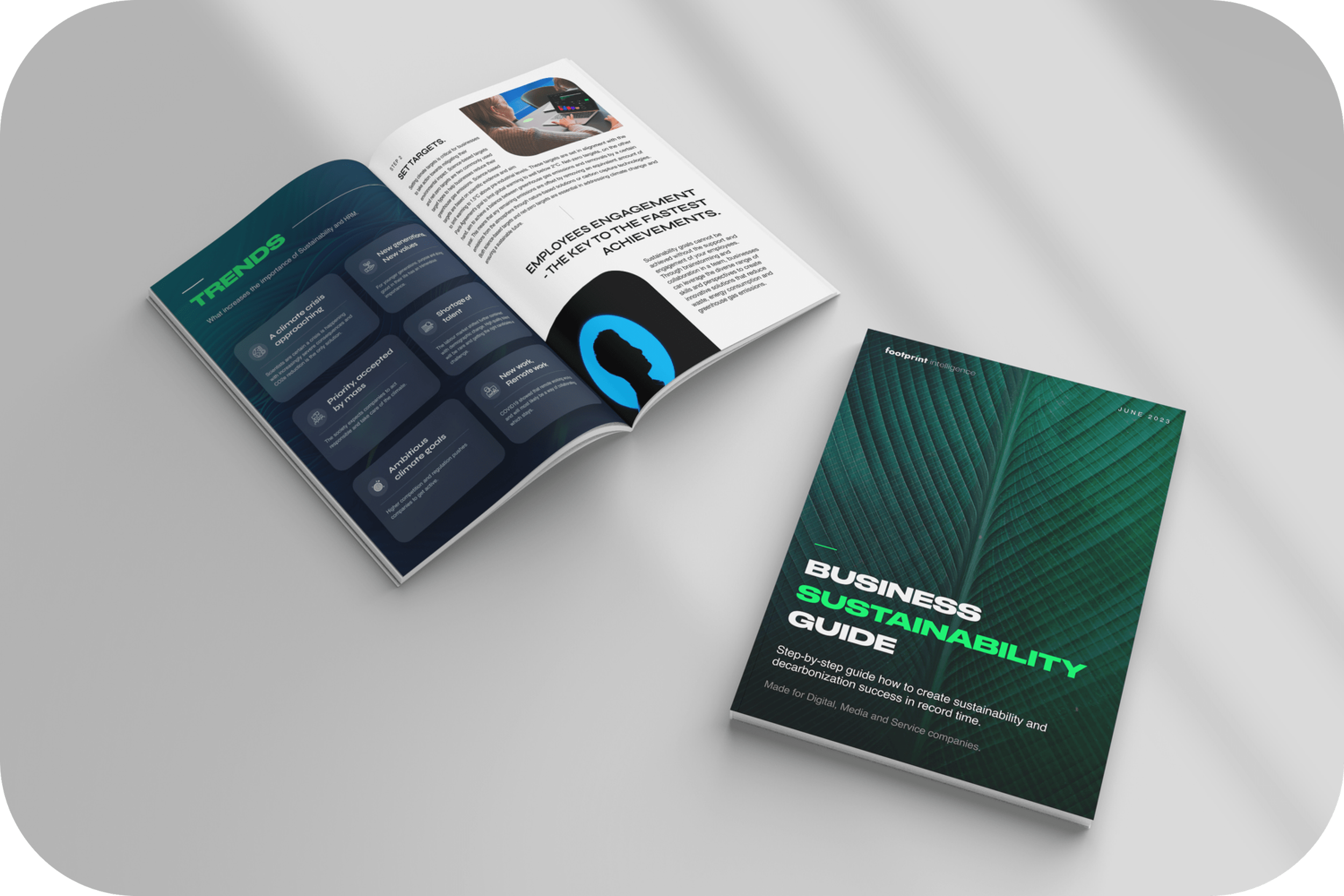 Open and closed Business Sustainability Guide with green leaf design, featuring sections about trends, targets, and employee engagement.