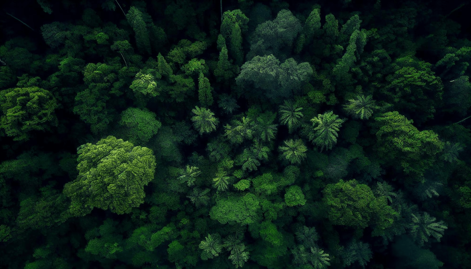 Aerial view of dense tropical rainforest with lush green canopy.