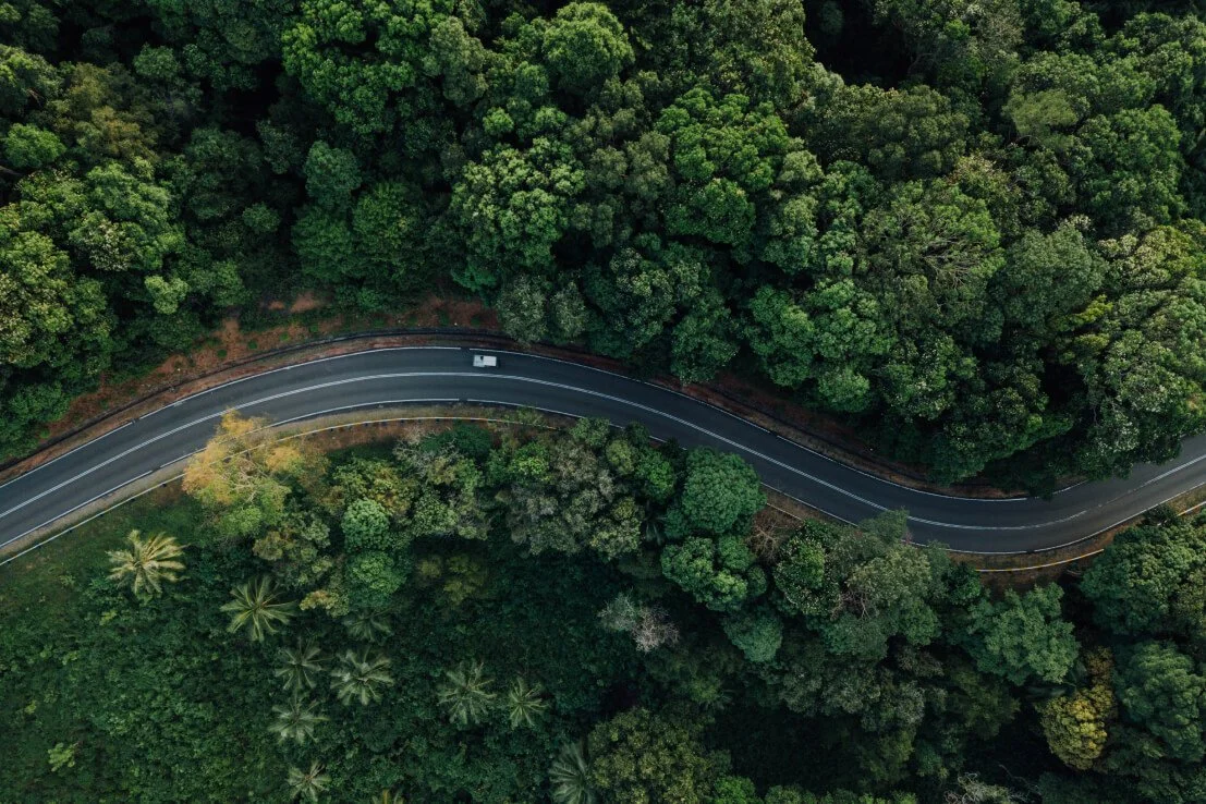 Aerial view of a winding road through dense green forest with a vehicle on the road.