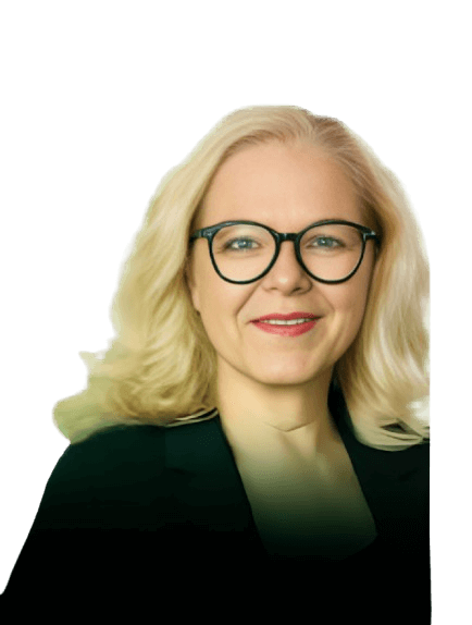 Smiling woman with glasses and blonde hair