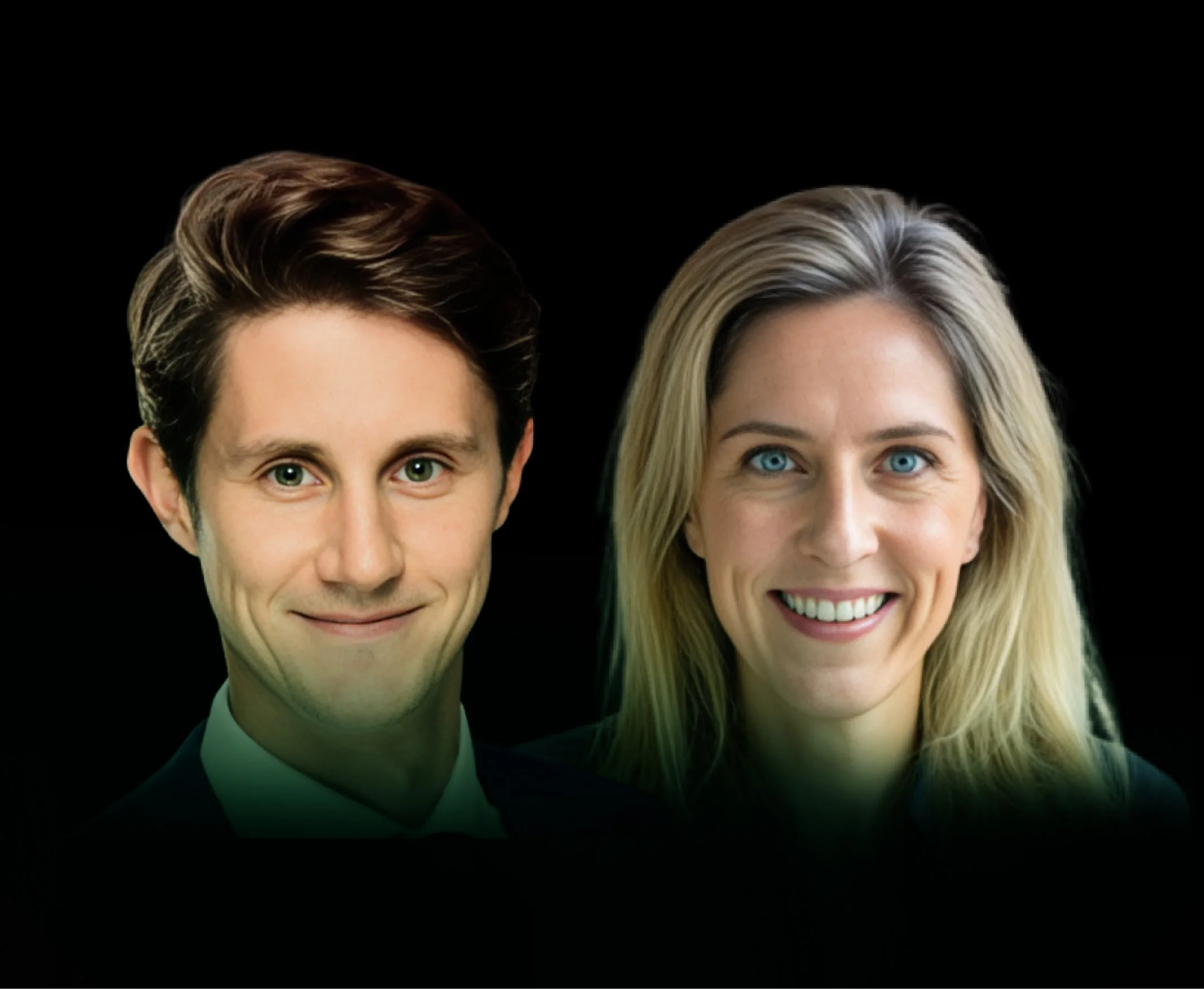 A man and woman smiling against a black background.