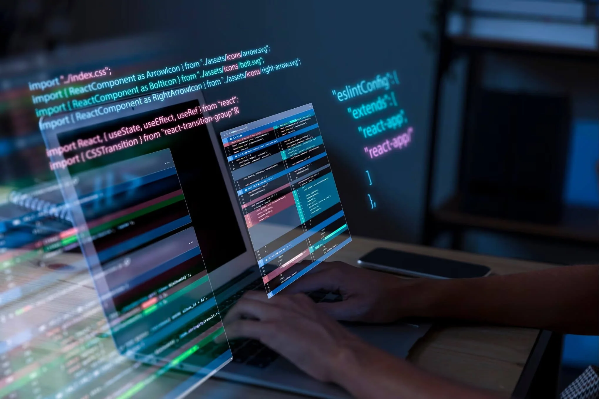 Person coding on a laptop with floating JavaScript and React code snippets on screen.