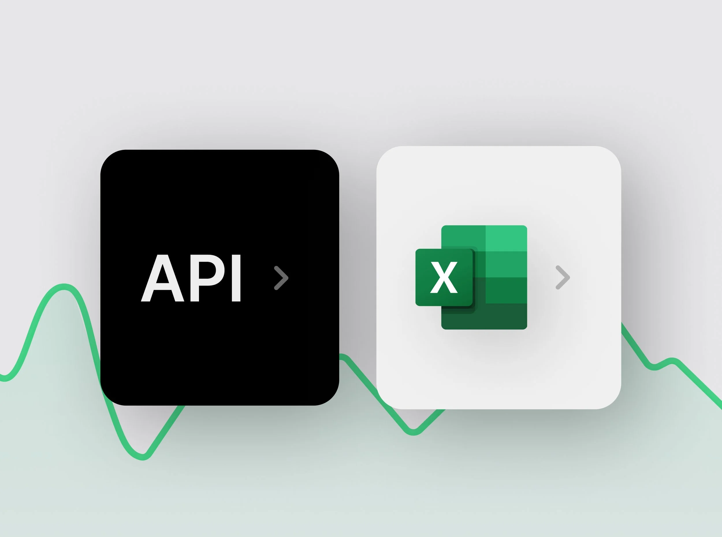 Graphic showing integration between API and Microsoft Excel with green line graph in the background.