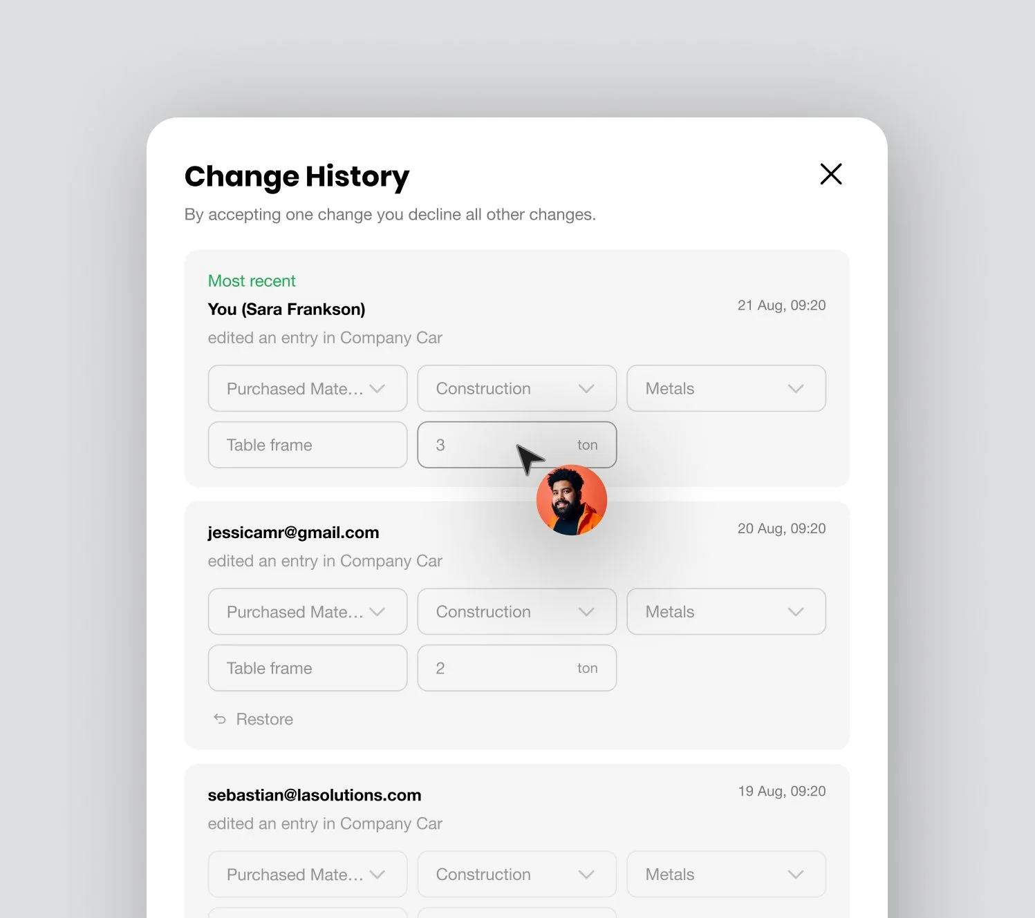 A screenshot of a change history interface showing edits in a "Company Car" entry, including purchased materials, type (construction, metals), and table frame weight. It includes entries by different users with timestamps. A cursor is pointing to a figure with a user avatar next to it.