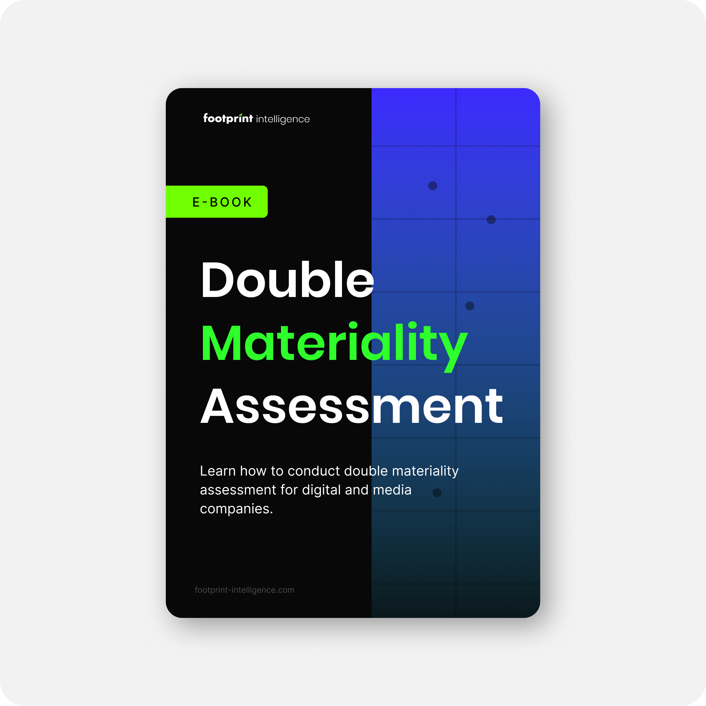 E-book cover for 'Double Materiality Assessment' by Footprint Intelligence, featuring modern design with green and white text over a blue gradient background.