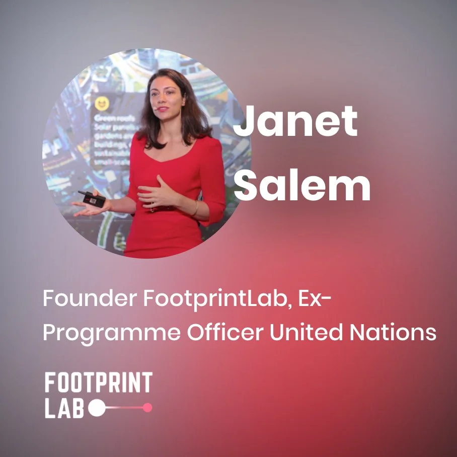 A woman in a red dress is presenting with a remote in her hand. Text on the image reads: 'Janet Salem, Founder FootprintLab, Ex-Programme Officer United Nations.' The background features a blurred presentation slide with diagrams and text. The FootprintLab logo is also visible.