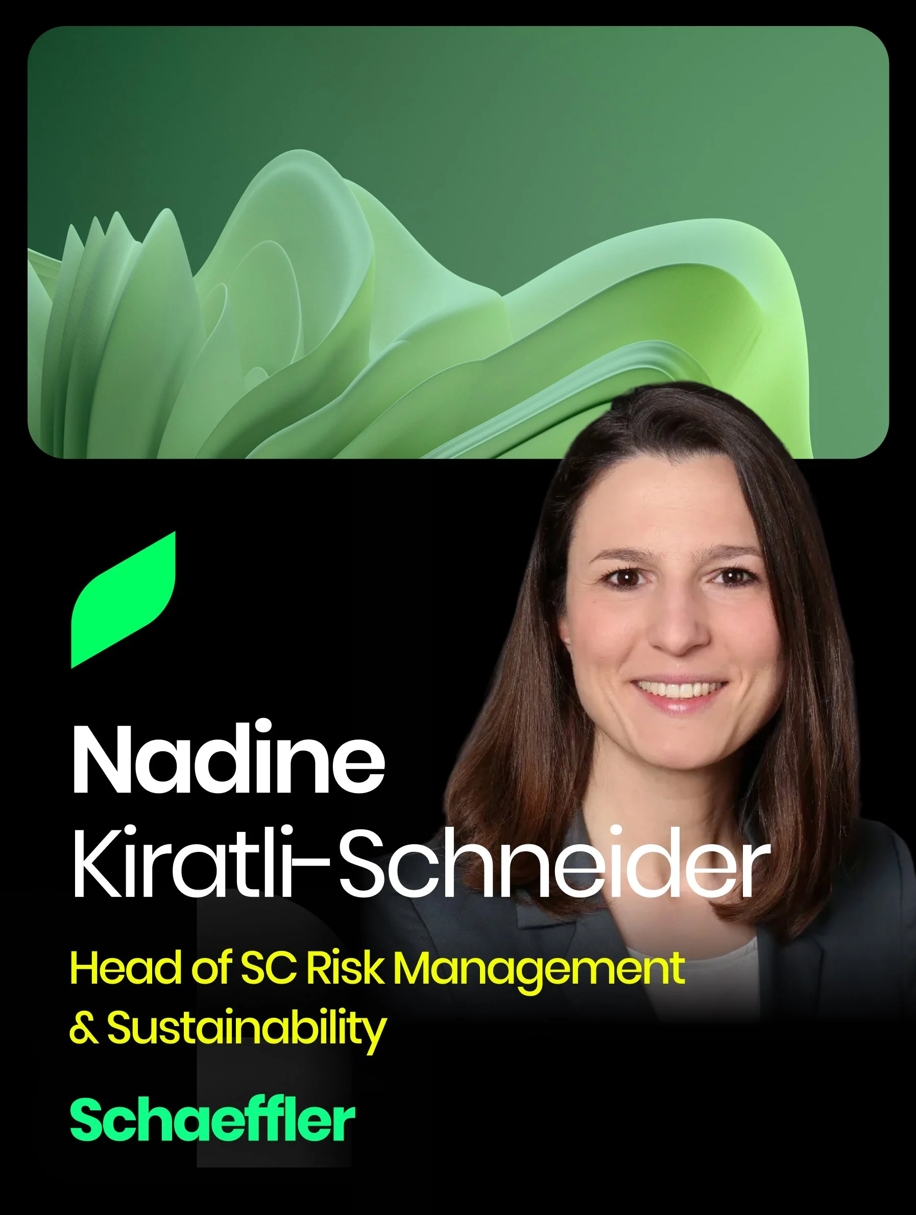 A professional profile for Doris Wagner, Director of Public Policy & ESG at Messe München, featuring her portrait and a woman holding a green box labeled 'Nachhaltigkeit' in a modern hallway.