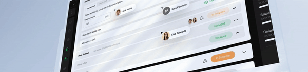 Dashboard interface with user profiles, task status indicators, and sidebar navigation.
