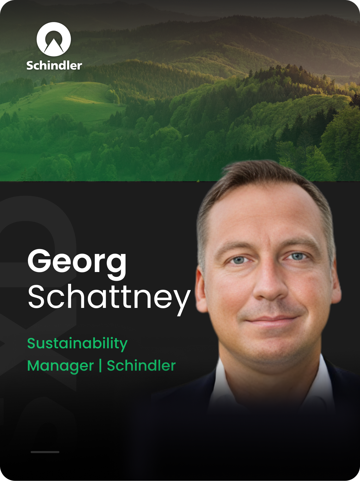 Sustainability Manager Georg Schattney of Schindler with a forest background.
