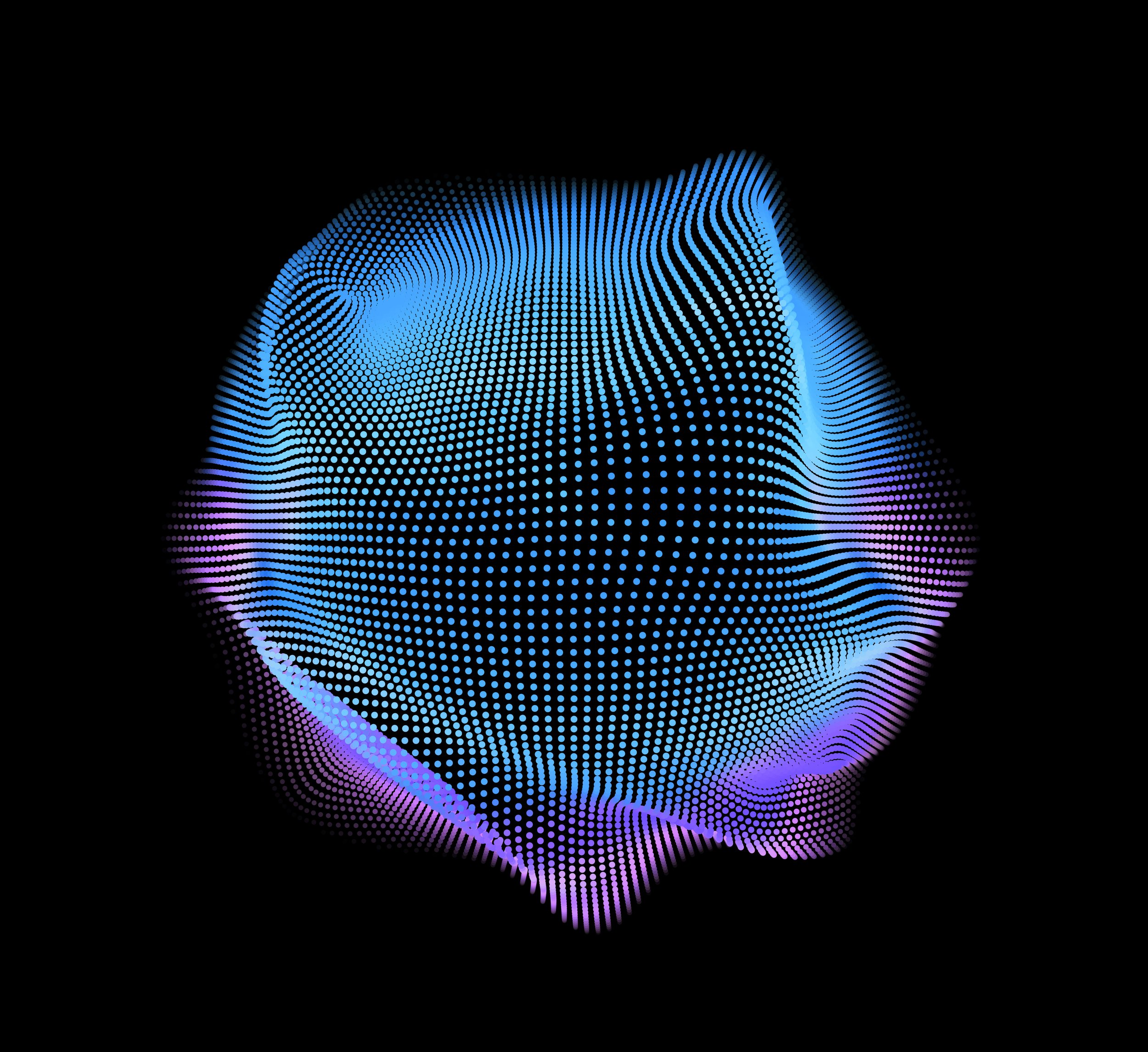 Abstract wavy 3D shape with blue and purple dots on a black background