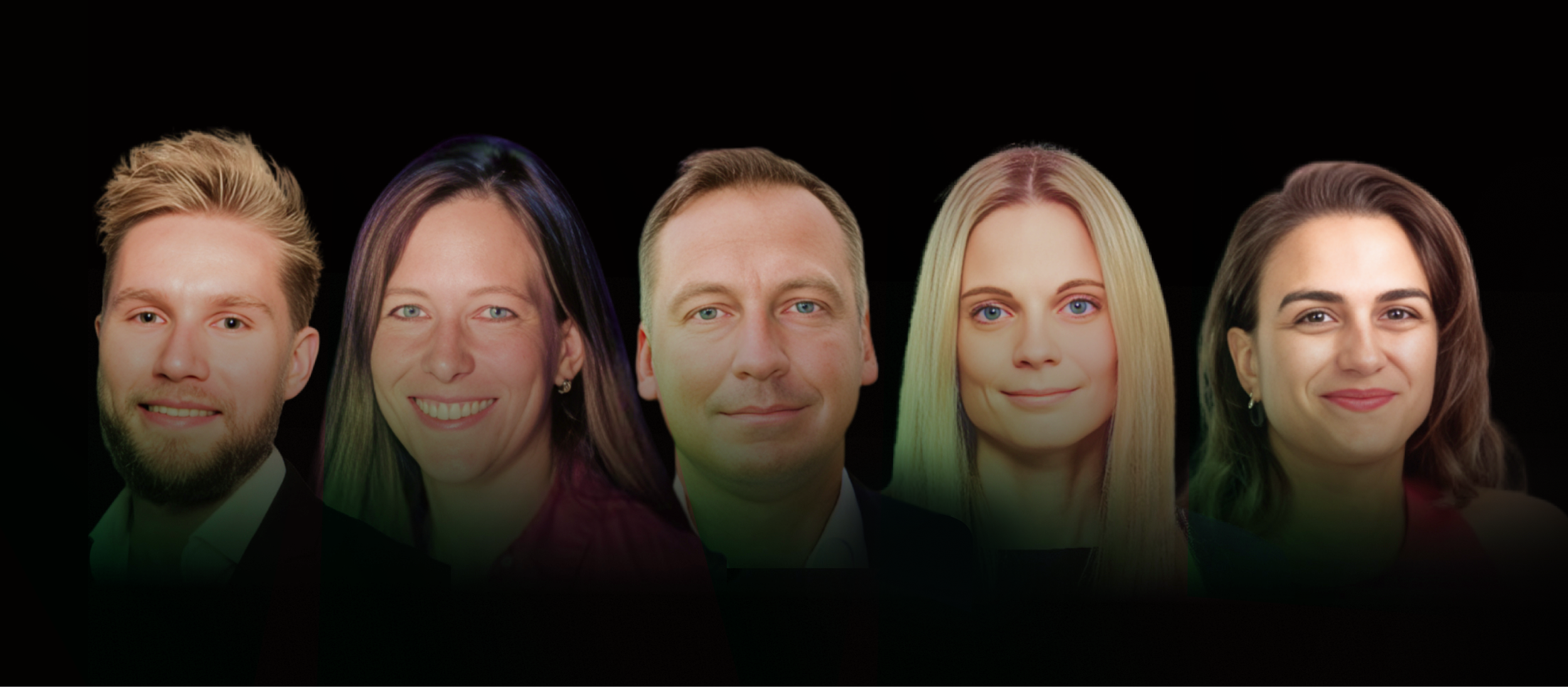 Five people smiling against a dark background.