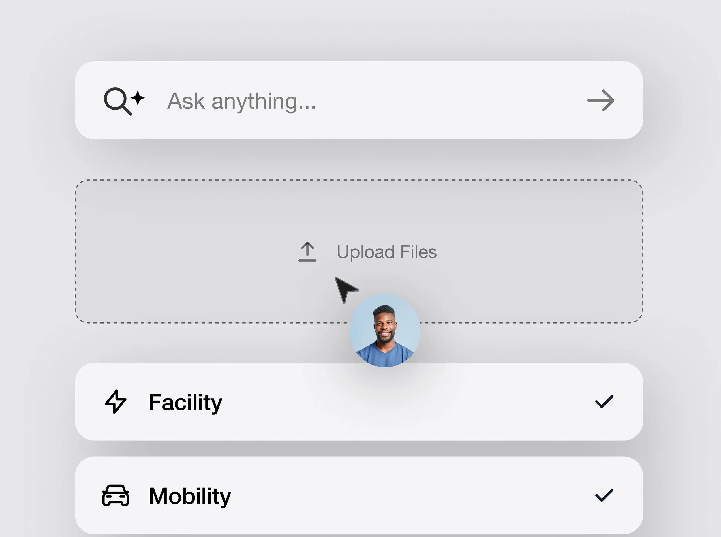 User interface with a search bar, file upload section, and options labeled 'Facility' and 'Mobility' with check marks. A profile image icon is present.