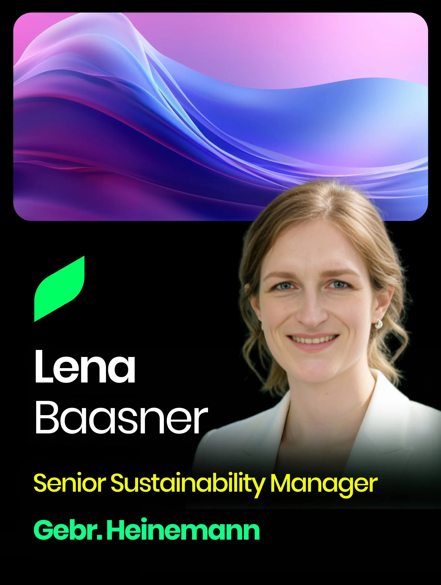 A professional profile for Doris Wagner, Director of Public Policy & ESG at Messe München, featuring her portrait and a woman holding a green box labeled 'Nachhaltigkeit' in a modern hallway.