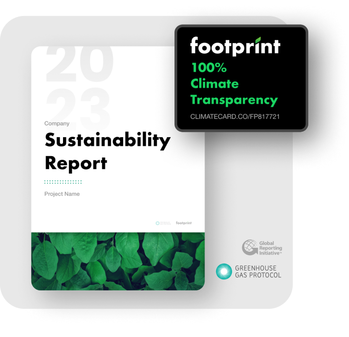 Sustainability report cover with plant background, labeled "2023 Company Sustainability Report" alongside a "footprint" badge for climate transparency, featuring Global Reporting Initiative and Greenhouse Gas Protocol logos.