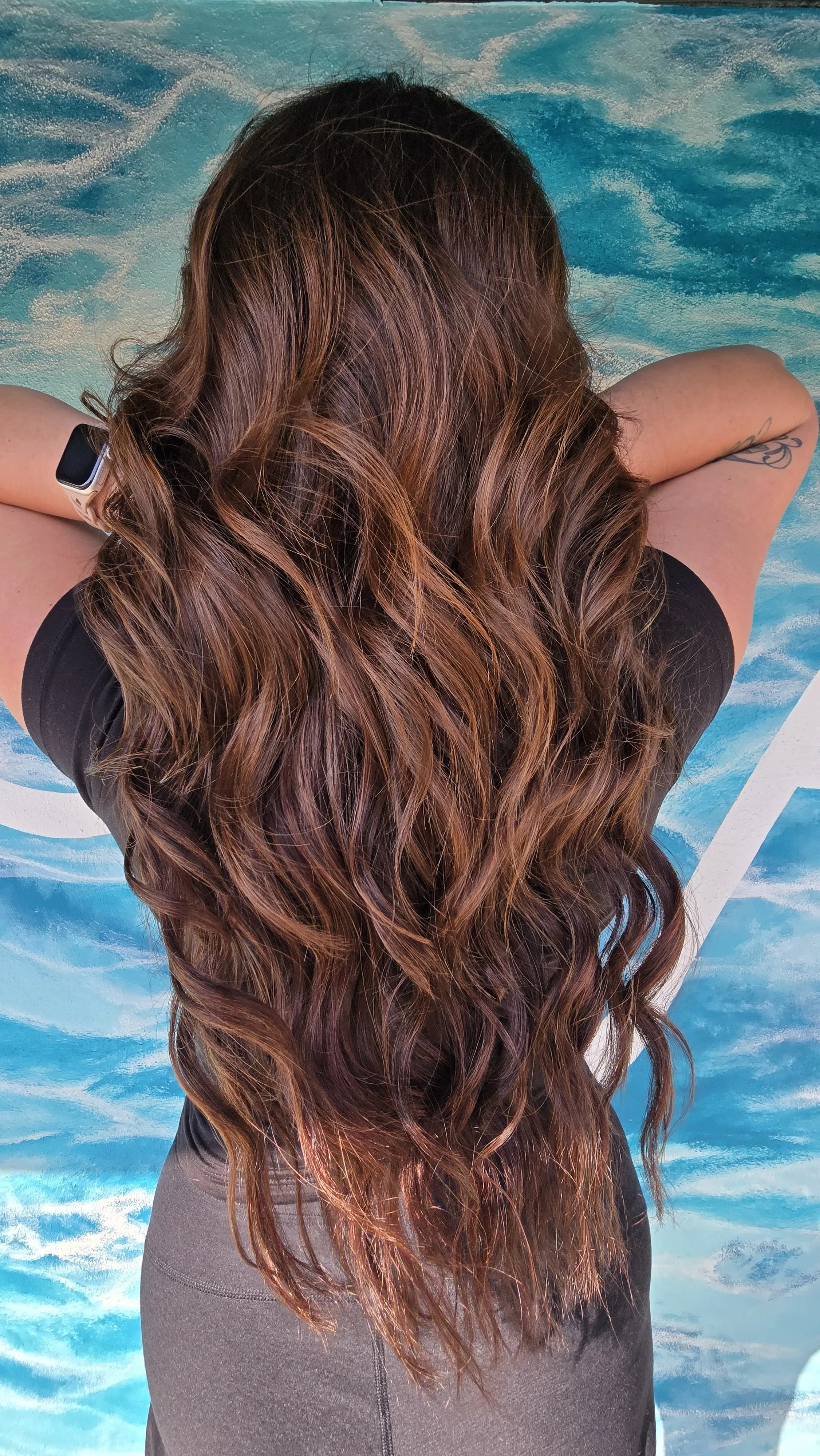 waist length hair brown auburn hair with beach waves