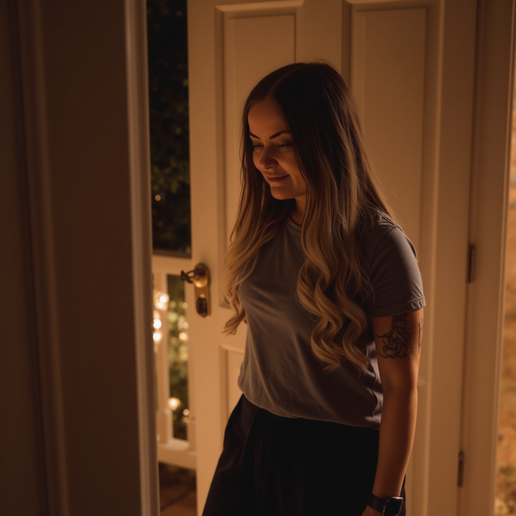 Nix Bonham, The Quiet Rewind smiling softly, wearing a gray t-shirt and black pants, standing inside near an open door with warm lighting.