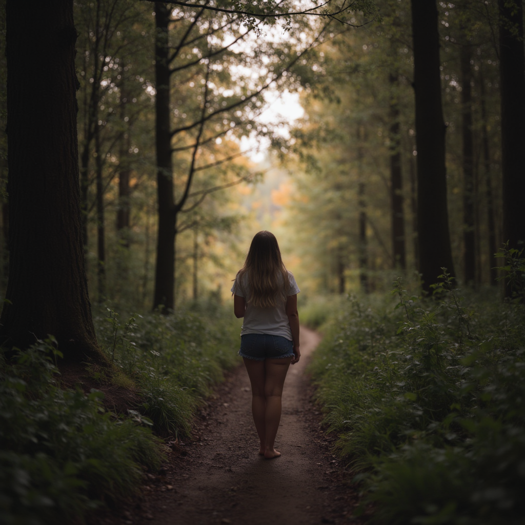 Nix Bonham, The Quiet Rewind walking barefoot down a dirt path in a dense forest during daylight.