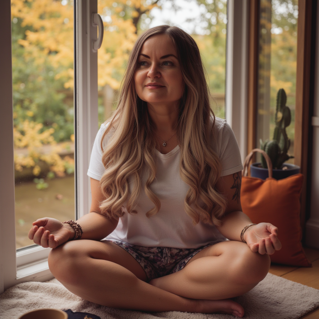 A woman with long, wavy, blonde and brown hair sitting on a bed, reading a book. She is wearing a dark t-shirt with a design on it. There is a pillow with a deer silhouette next to her.