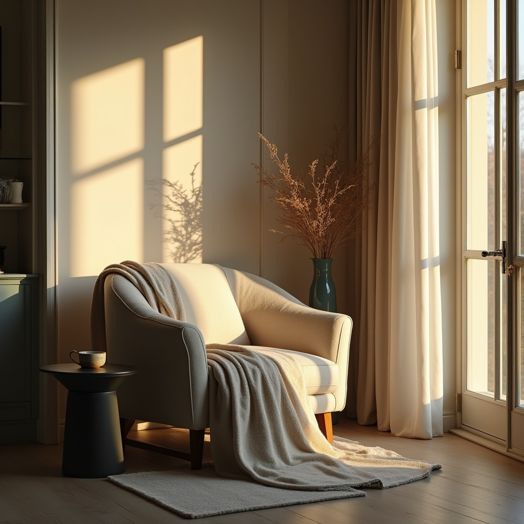 A cozy living room corner with sunlight streaming through large windows, casting shadows on a beige armchair draped with a blanket, a small side table with a cup, a tall vase with dried branches, and beige curtains.
