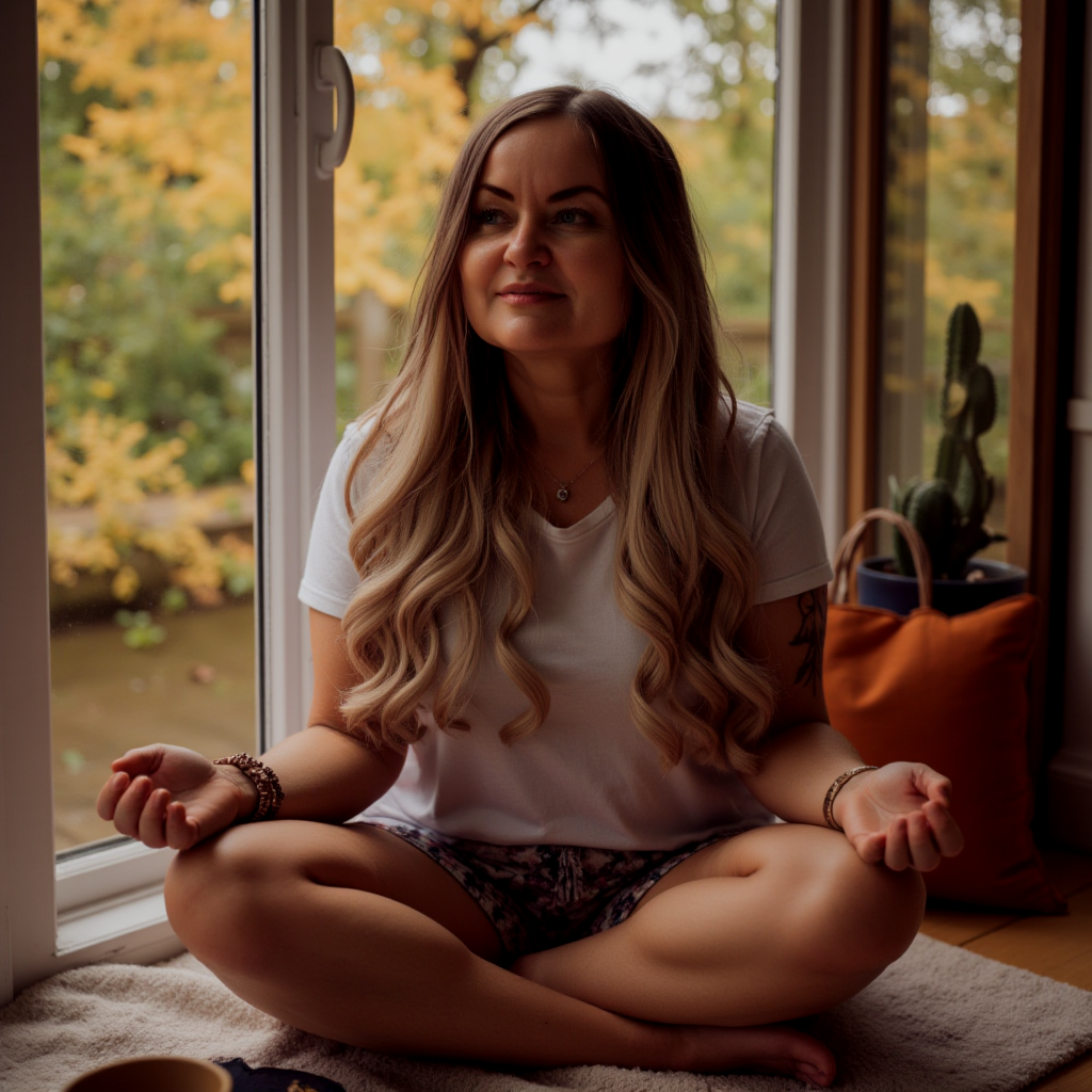 A woman with long, wavy, blonde and brown hair sitting on a bed, reading a book. She is wearing a dark t-shirt with a design on it. There is a pillow with a deer silhouette next to her.