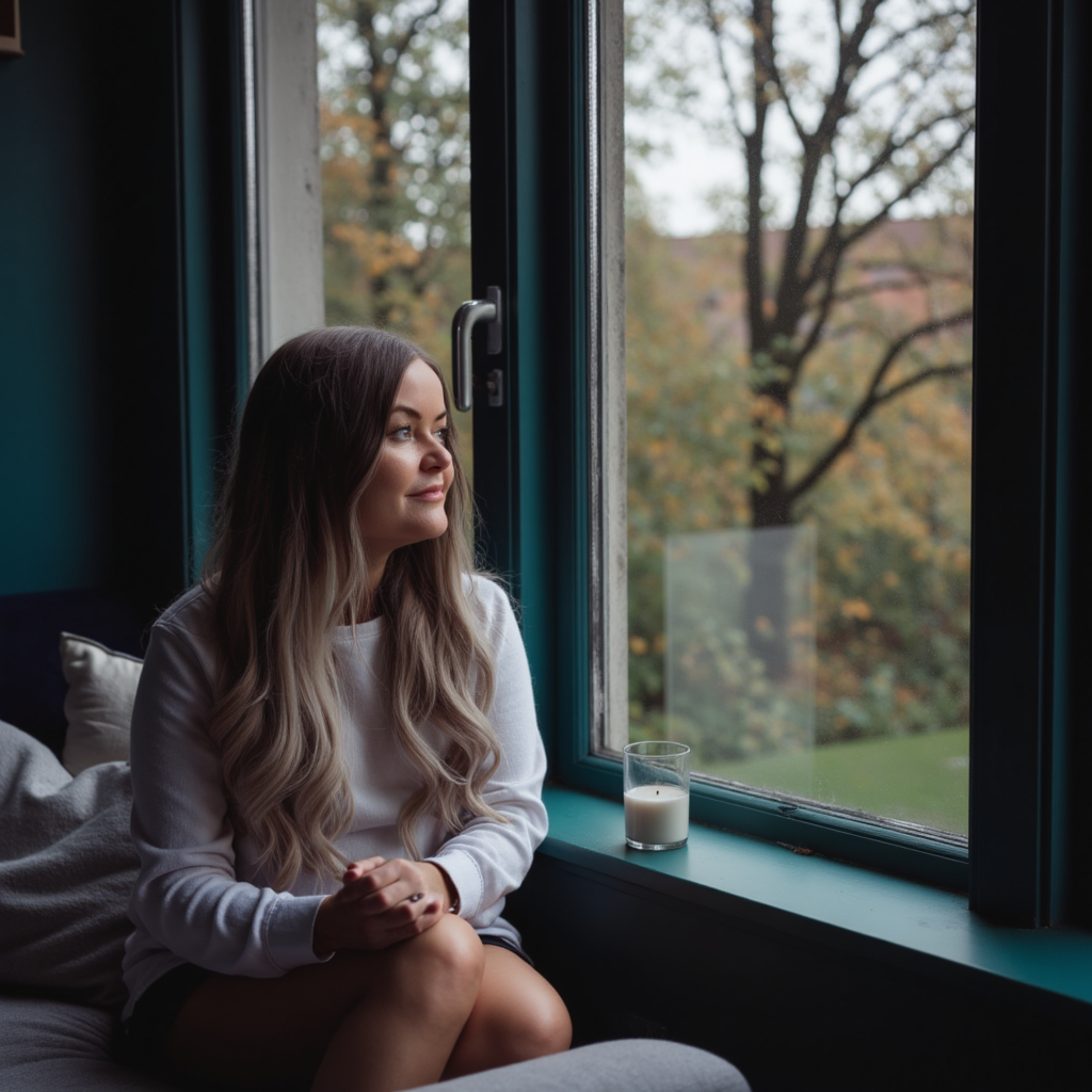 Nix Bonham, The Quiet Rewind sitting on a bed near an open window, looking outside at trees with autumn foliage, with a candle on the windowsill.