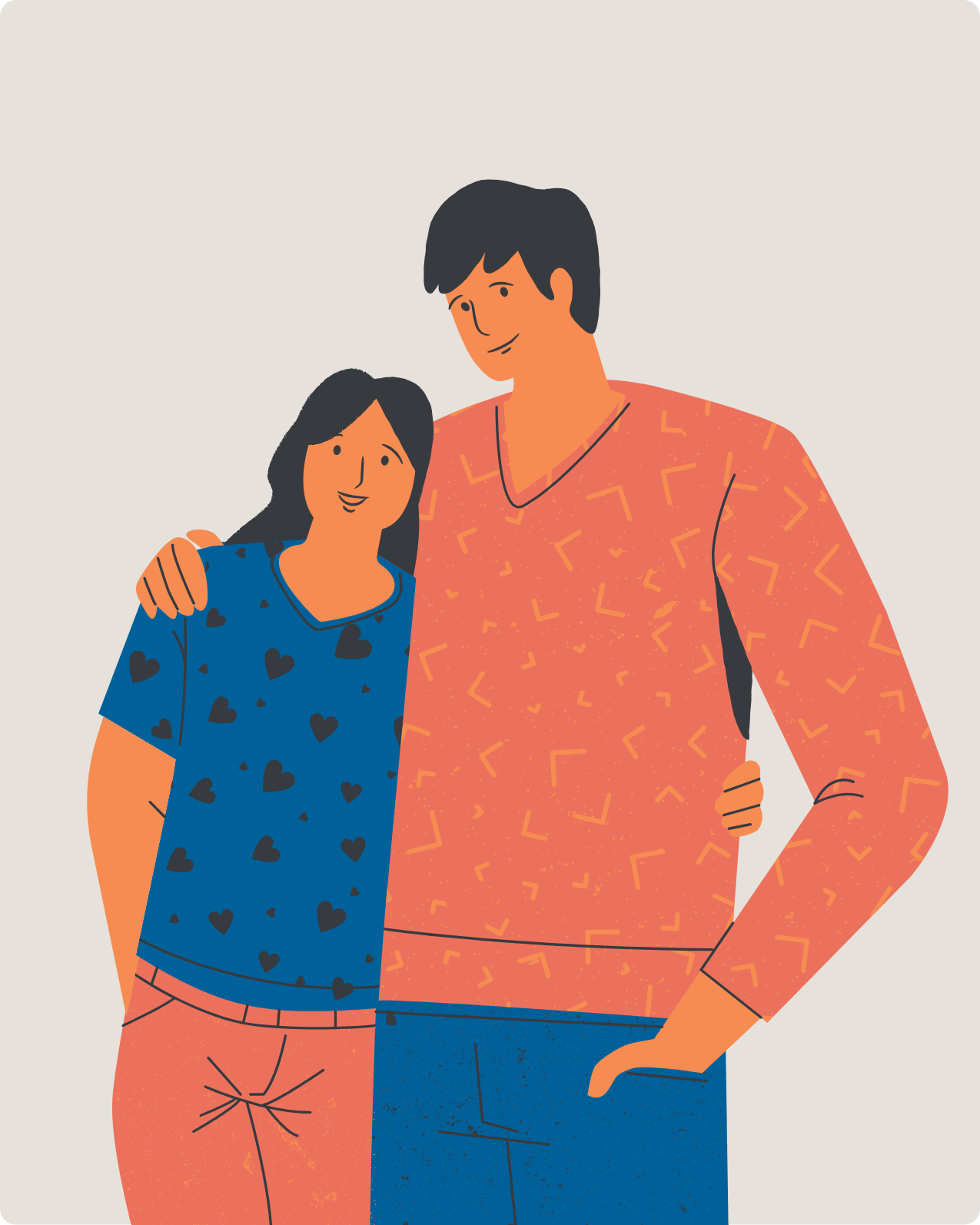 An illustration of a man and woman with their arms around each other, smiling. The woman has long dark hair and is wearing a blue shirt with black hearts. The man has short dark hair and is wearing an orange shirt with a yellow geometric pattern.
