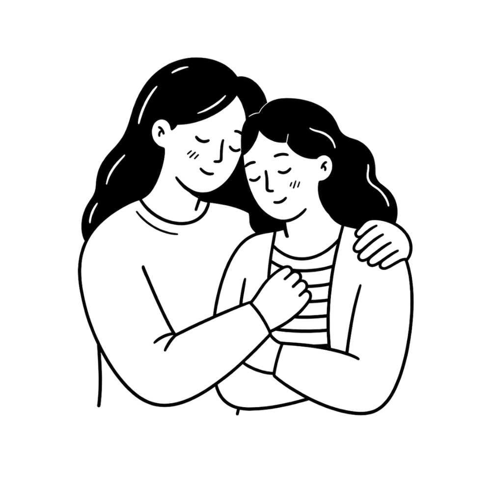 Illustrated image of two women hugging 
