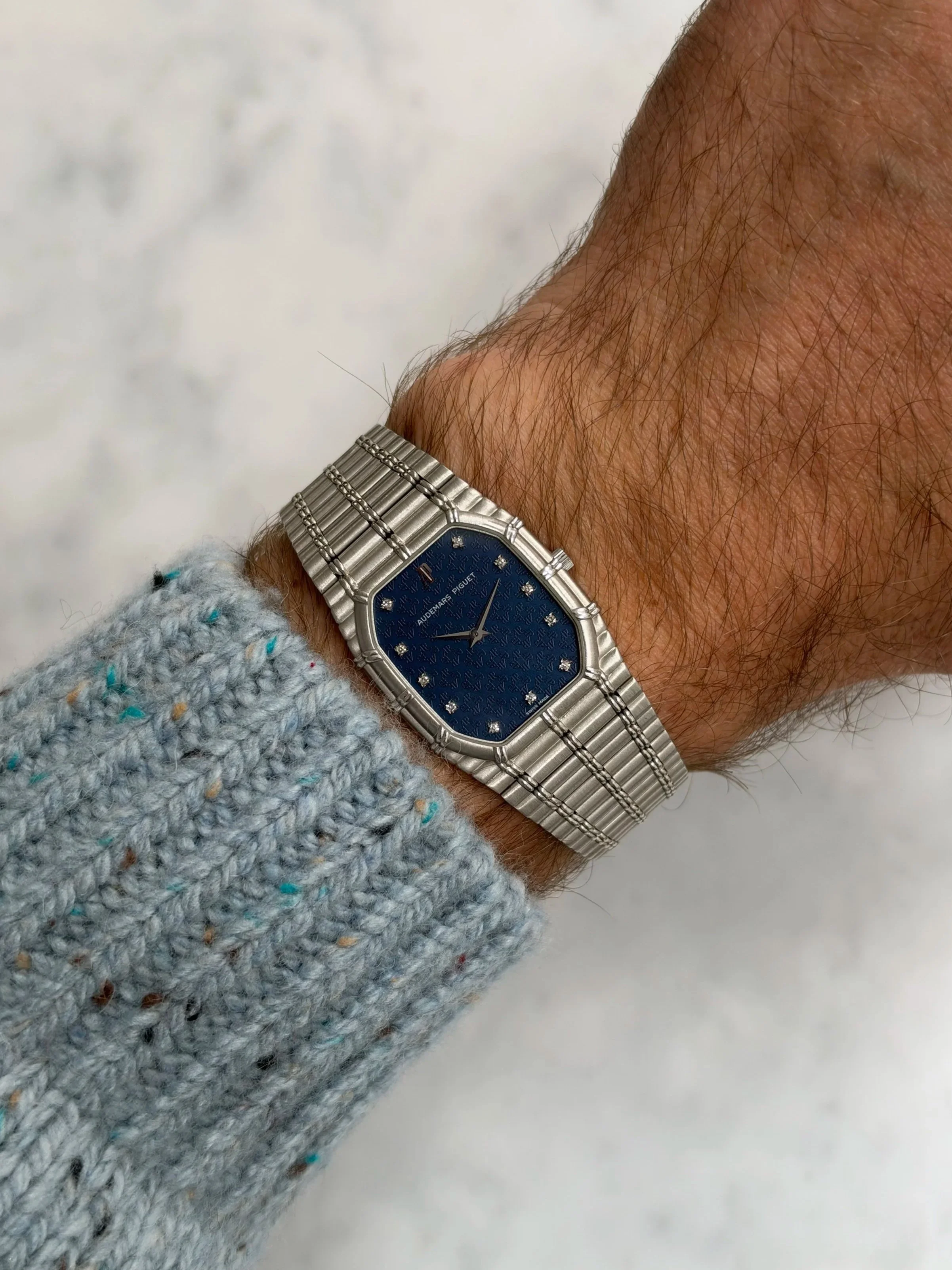 Audemars Piguet Bamboo White Gold Blue 'AP' Motif Wallpaper Dial & Diamond Indexes ref. 14644 BC w/ Orginal Box & Paper