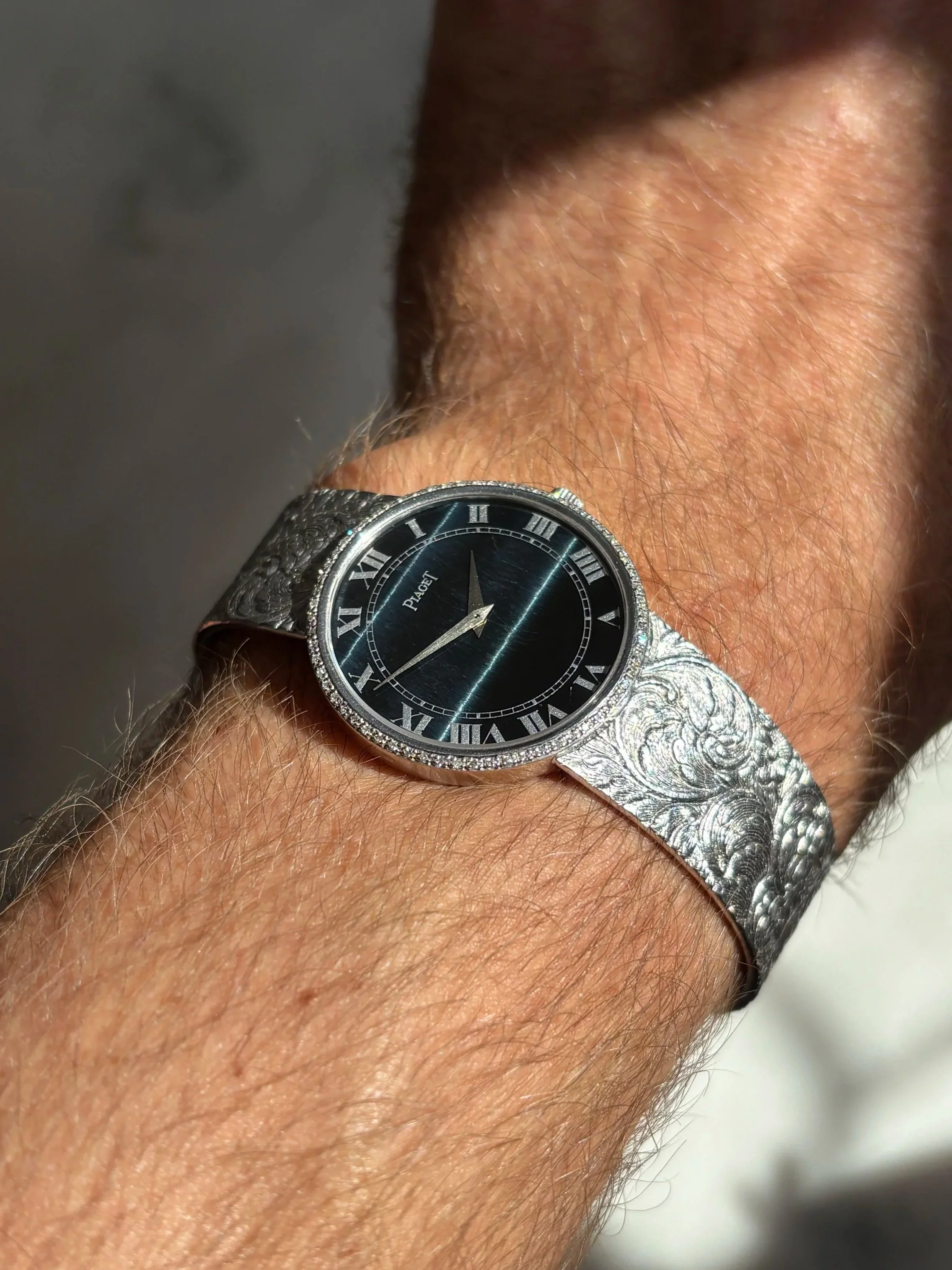 Piaget Calatrava White Gold Filigree Bracelet, Diamond Bezel & Hawkseye Stone Dial ref. 9635 B57