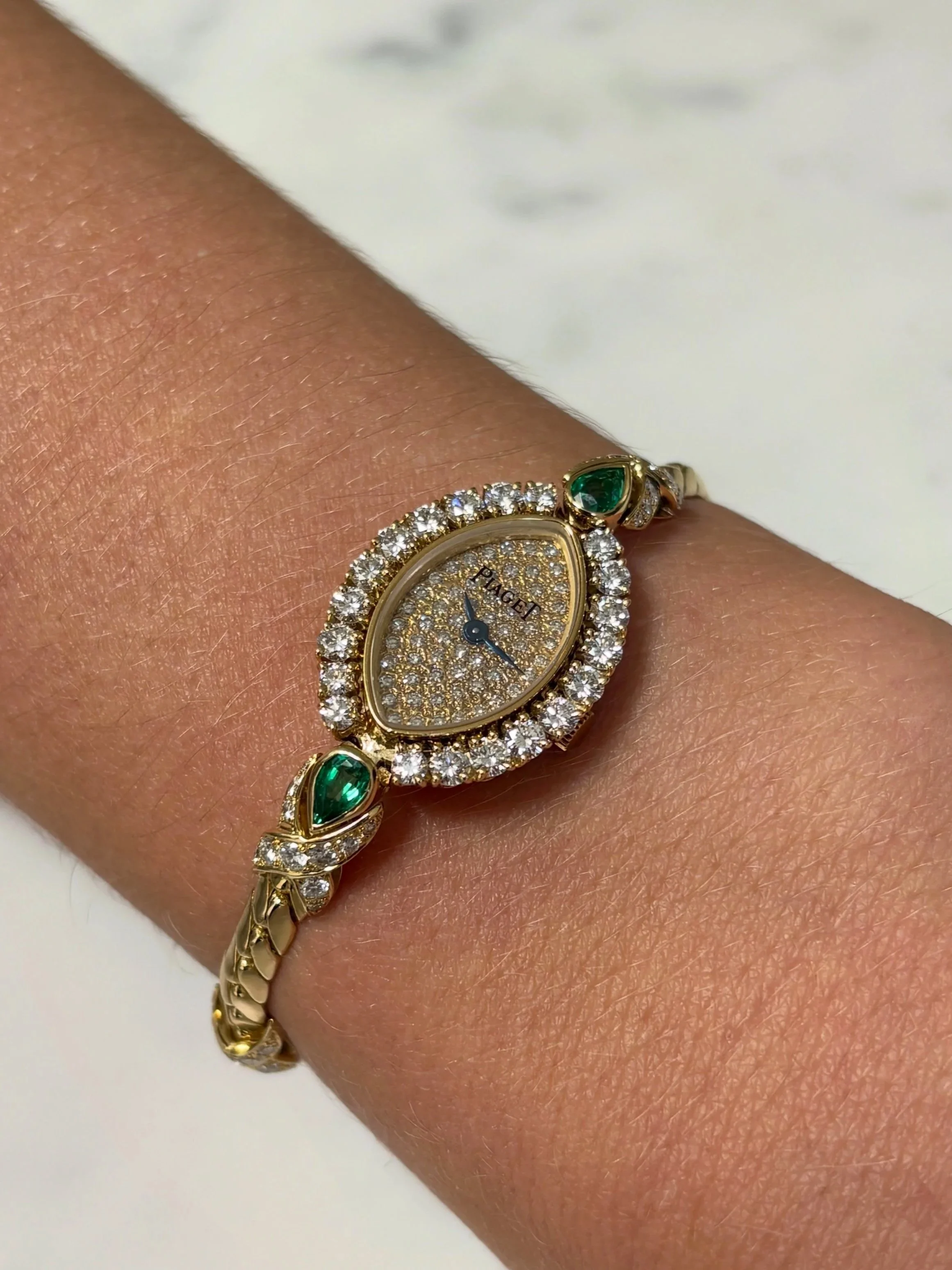 Piaget Cocktail Bangle Watch Yellow Gold Pear Cut Emerald Lugs & Diamond Dial, Bezel & Links ref. 49250 V100