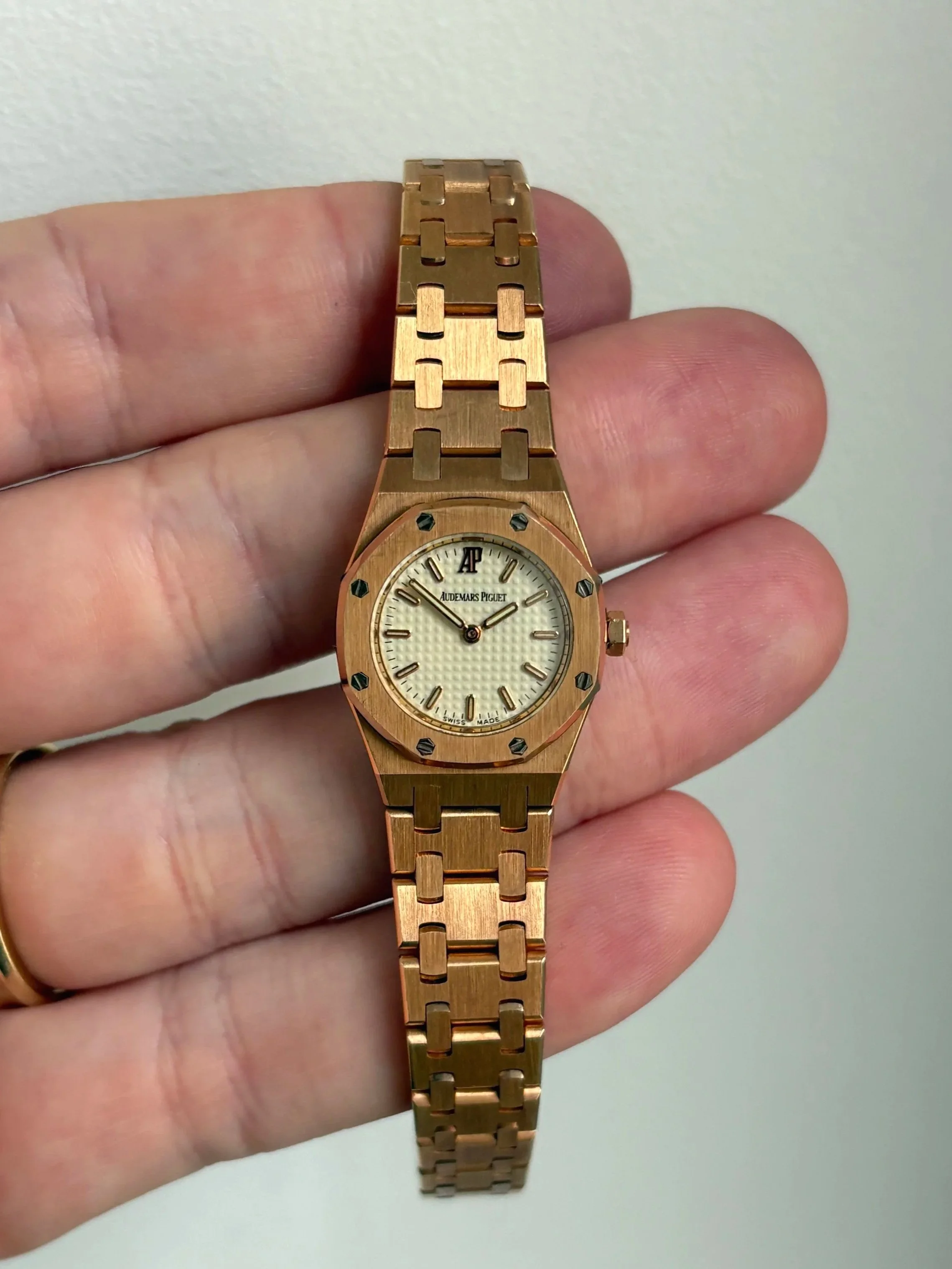 Audemars Piguet Mini 20mm Royal Oak Rose Gold Cream Tapisserie Dial ref. 67075 OR w/ Original Box & Papers