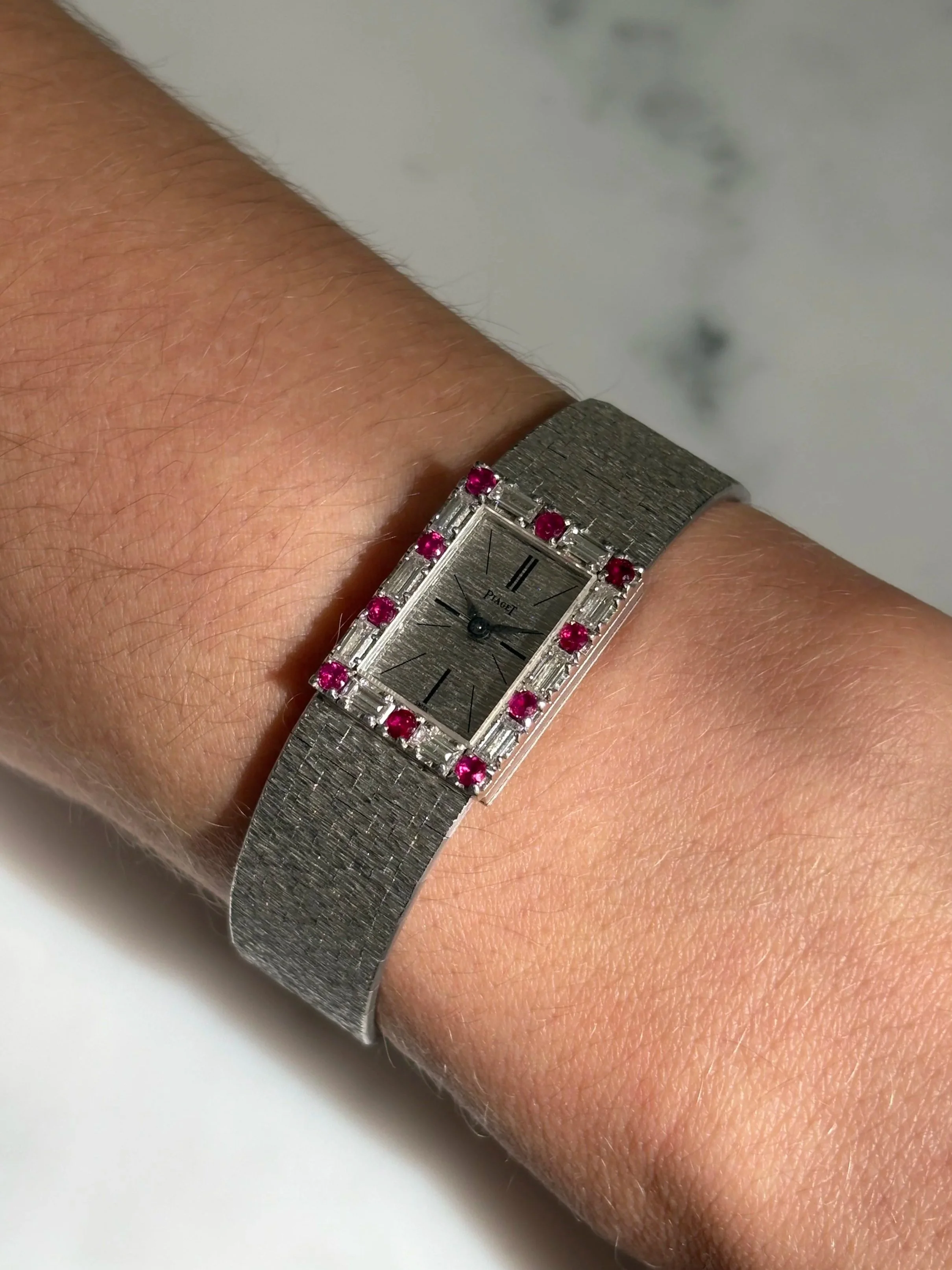 Piaget Mini Tank White Gold Bark Finish Emerald Cut Diamond & Ruby Bezel ref. 3869