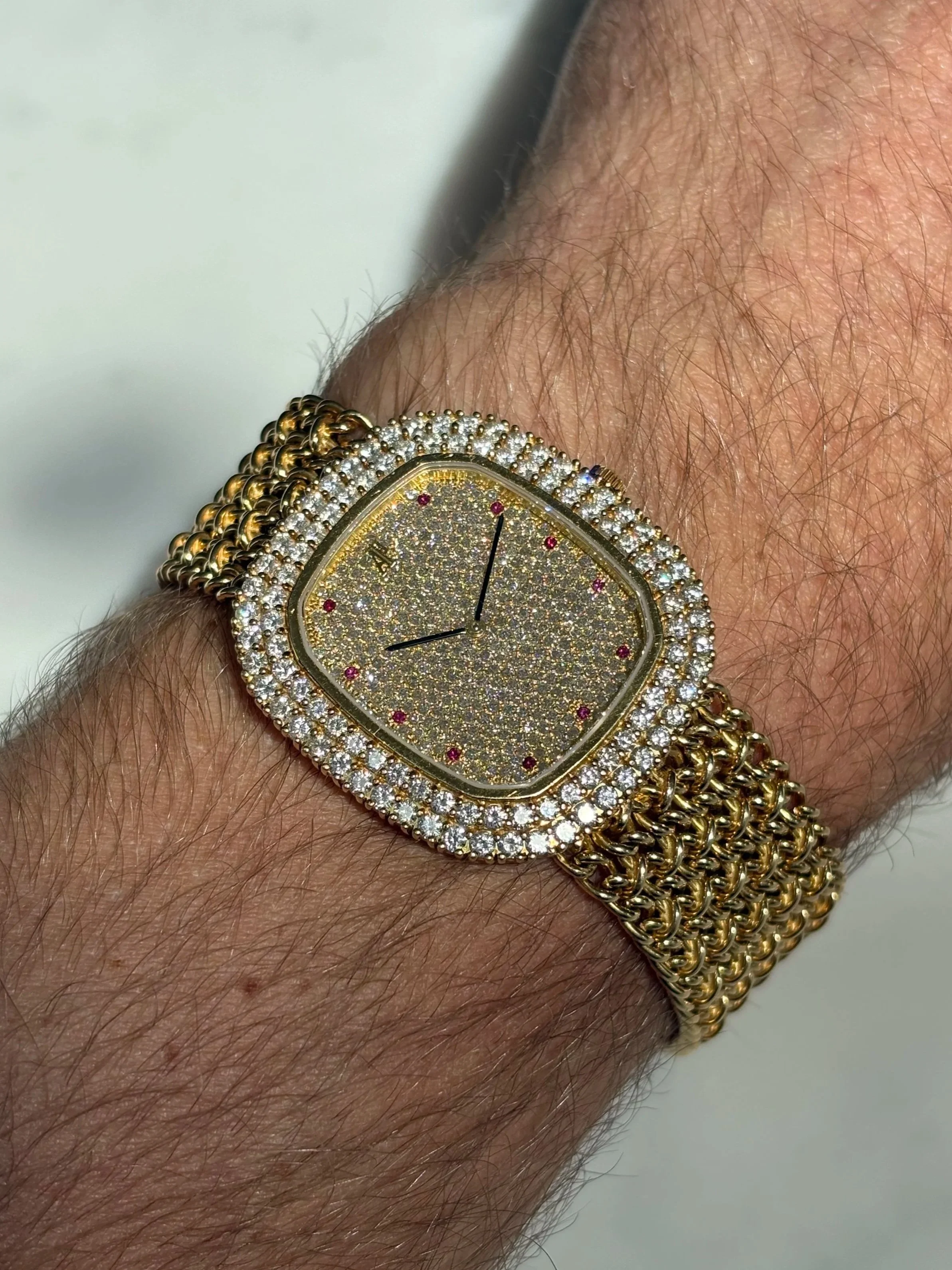 Audemars Piguet XL Ellipse Yellow Gold Chain Link Bracelet, Two Row Diamond Bezel, Pavé Diamond Dial & Ruby Indexes ref. 14720 BA