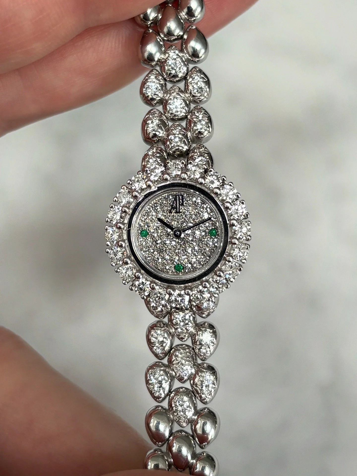 Audemars Piguet Cocktail Watch White Gold 'Rain Drop' Bracelet, 1ct Diamond Bezel, Links, Pavé Dial & 3,6,9 Emerald Indexes